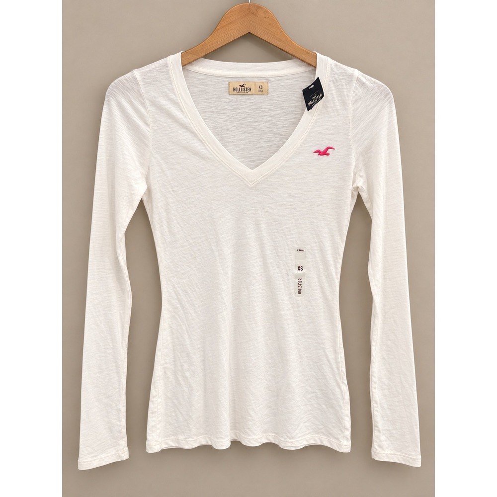 Hollister Women T-Shirt XS White V-Neck Long Sleeve Logo Slub Knit Tee